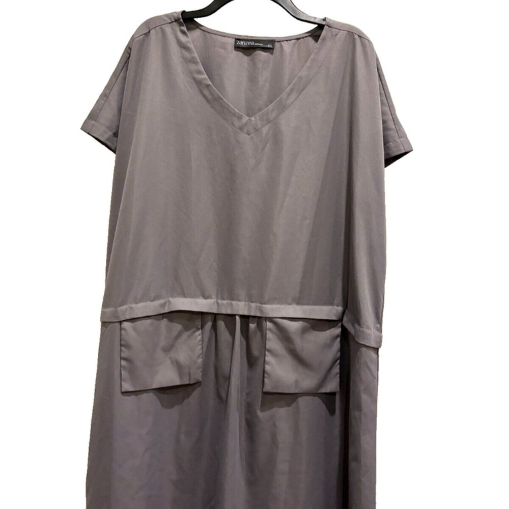 ZANZEA pullover Dress, Dark Gray, Short Sleeve, V-neck, accent waist, pockets 5X